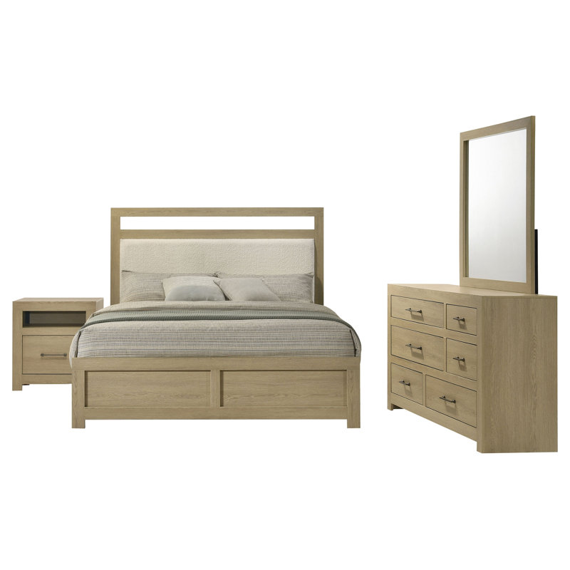 Ensemble de chambre avec grand lit 4 pièces Magee, Grand lit, Ensemble de quatre pièces : lit, commode, miroir