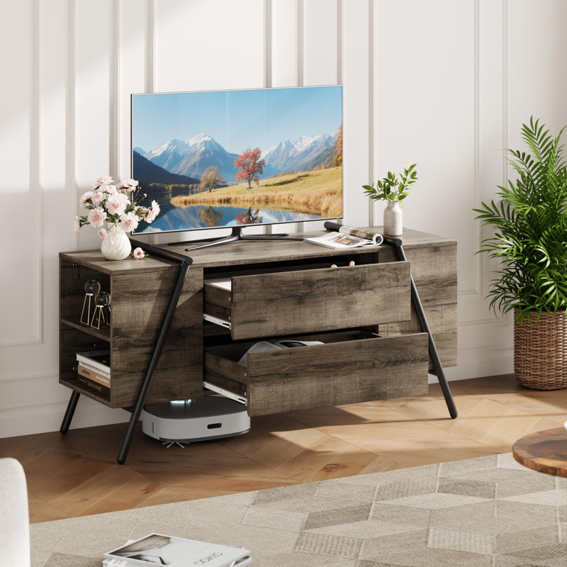 47" Mid-Century TV Stand for 50–55" TVs, Media Console with Adjustable Shelf, 2 Drawers & U-Shaped Metal Legs, Gray