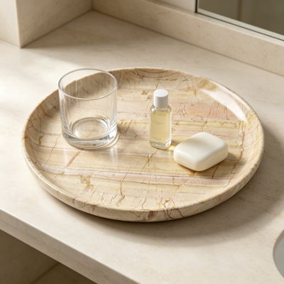 Plateau rond en marbre Golden Horizon, organisateur de coiffeuse profond, vide-poches en pierre naturelle massive, porte-clés décoratif pour entrée, cadeau de pendaison de crémaillère