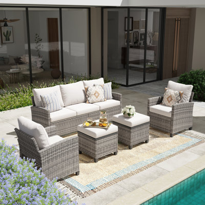 5 Piece Patio Conversation Set with Coffee Table and Cushions