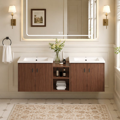 Meuble-lavabo 60 po avec portes à fermeture en douceur brun rougeâtre, petites tablettes de rangement, armoire combinée de 24 po et de 12 po (emballage KD)