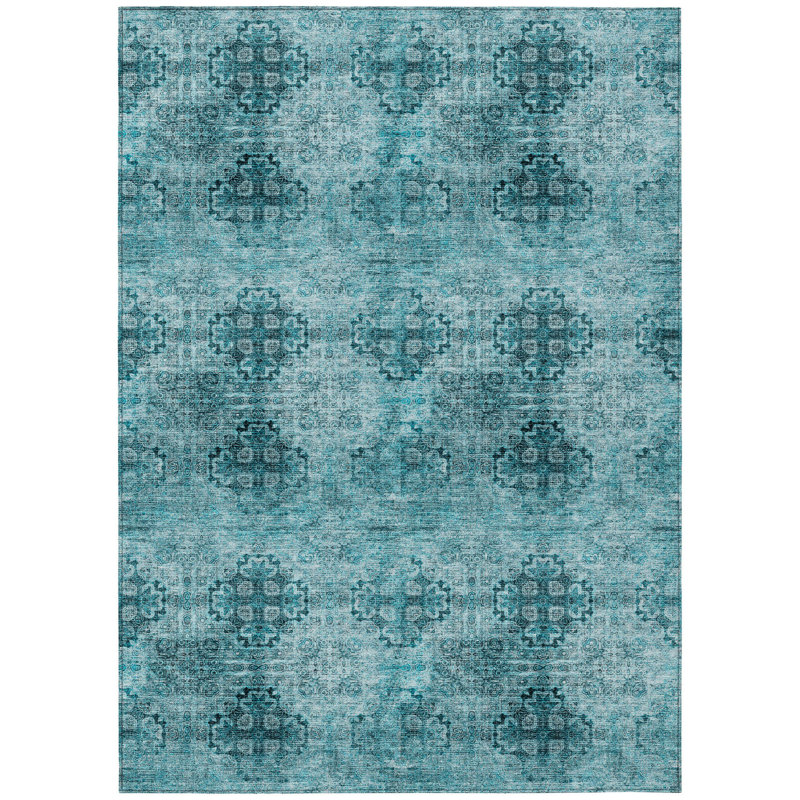 Teal Floral Medallion Washable Non Skid Indoor Outdoor Area Rug, Rectangle 9' x 12'