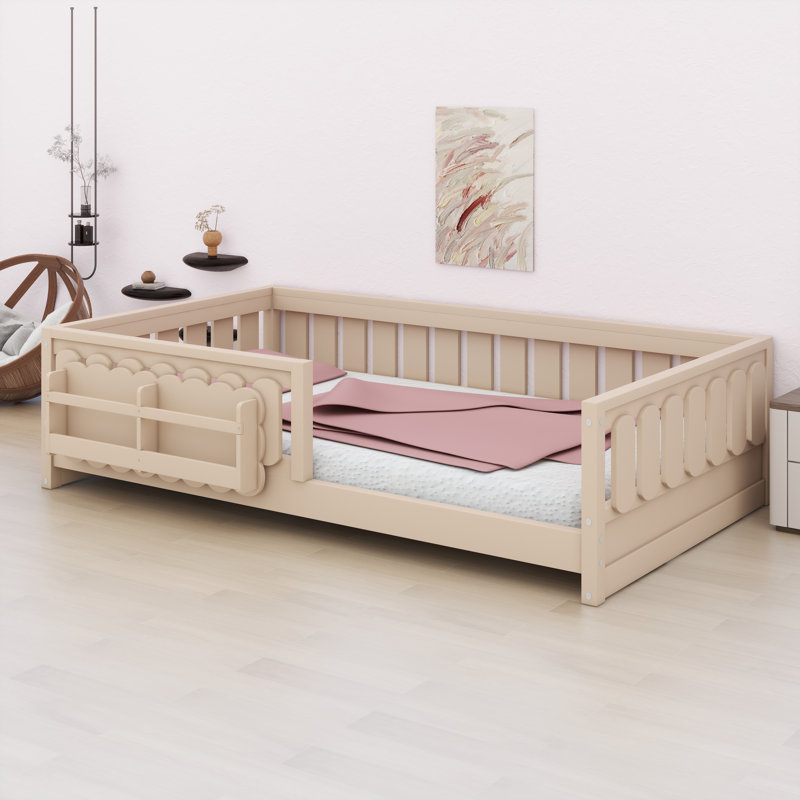 Platform Bed with Integrated Guardrail and Open Storage Shelves, Natural