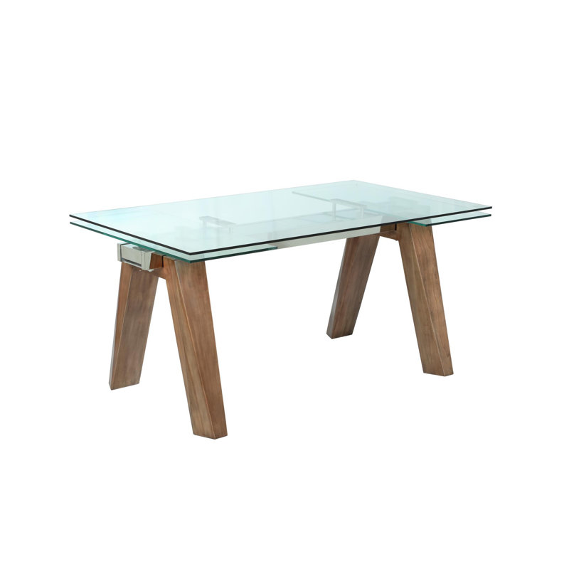 Sundy Modern Dining Table w/ Extendable Glass Top & Solid Wood Legs, Walnut
