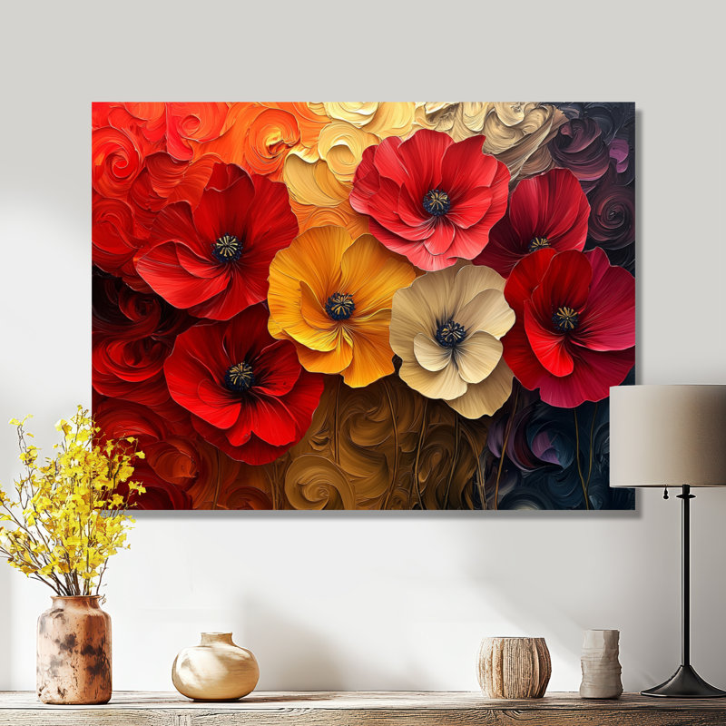 Crimson Serenity Of Vibrant Red Poppies I - Art mural coquelicots, H 16 po x l 32 po, Toile tendue