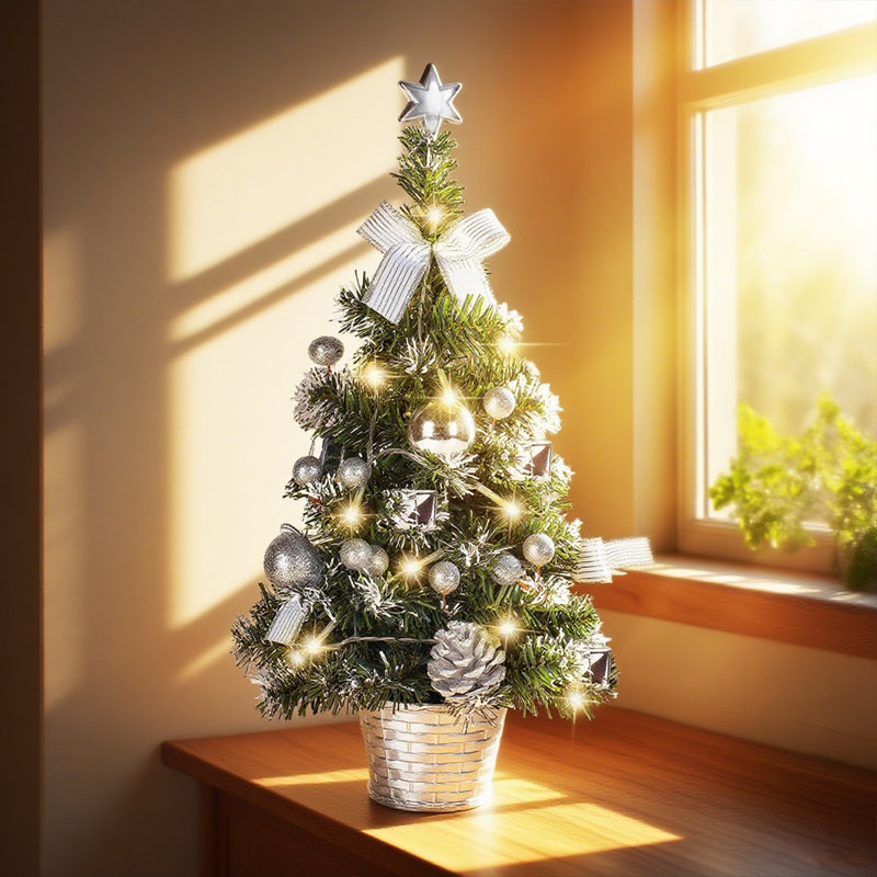 Petit arbre de Noël de 45 cm avec lumières, mini arbre de décoration de bureau avec sommet d'arbre en forme d'étoile, boules, arcs, pommes de pin pour bureau à domicile, bar, décorations de Noël