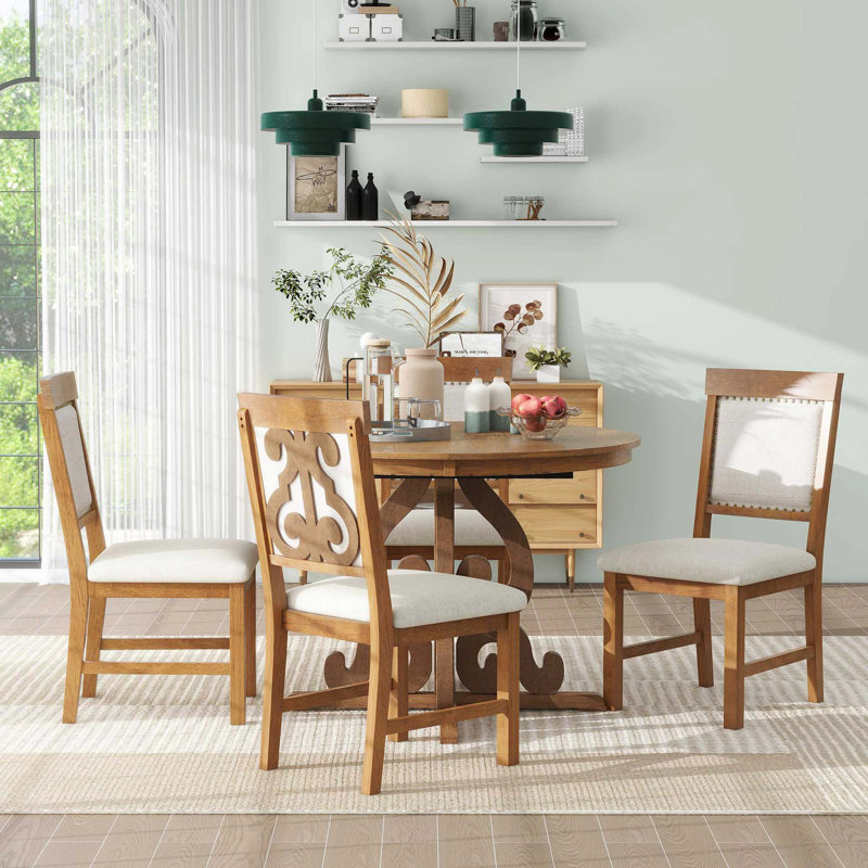 Ensemble de salle à manger 5 pièces, 1 table extensible avec rallonge et 4 chaises rembourrées, Noyer, Noyer