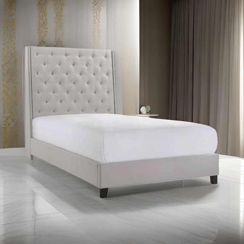 Maze Bed, Button Tufted, Nailhead Trim, Fabric Upholstery, Beige, Queen