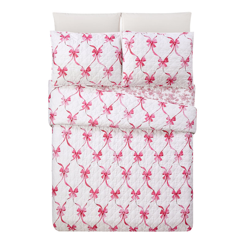 Abigail Bow Reversible Lightweight Quilt Set, Pink, Full/Queen Quilt + 2 Standard Shams