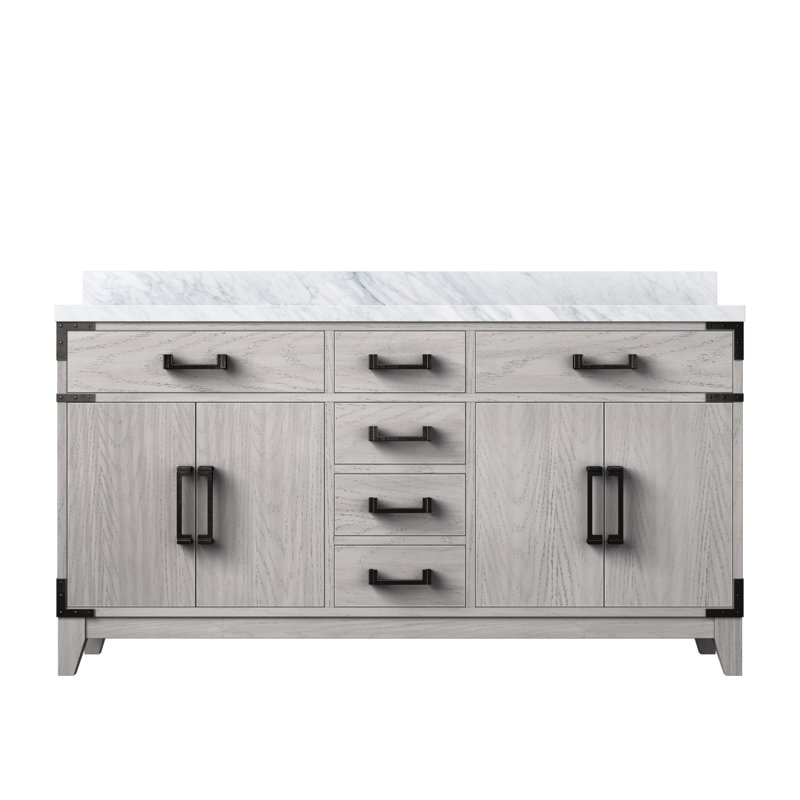White Oak Double Bath Vanity 60 In. W X 22 In. D, With Carrara Marble Top, White Oak