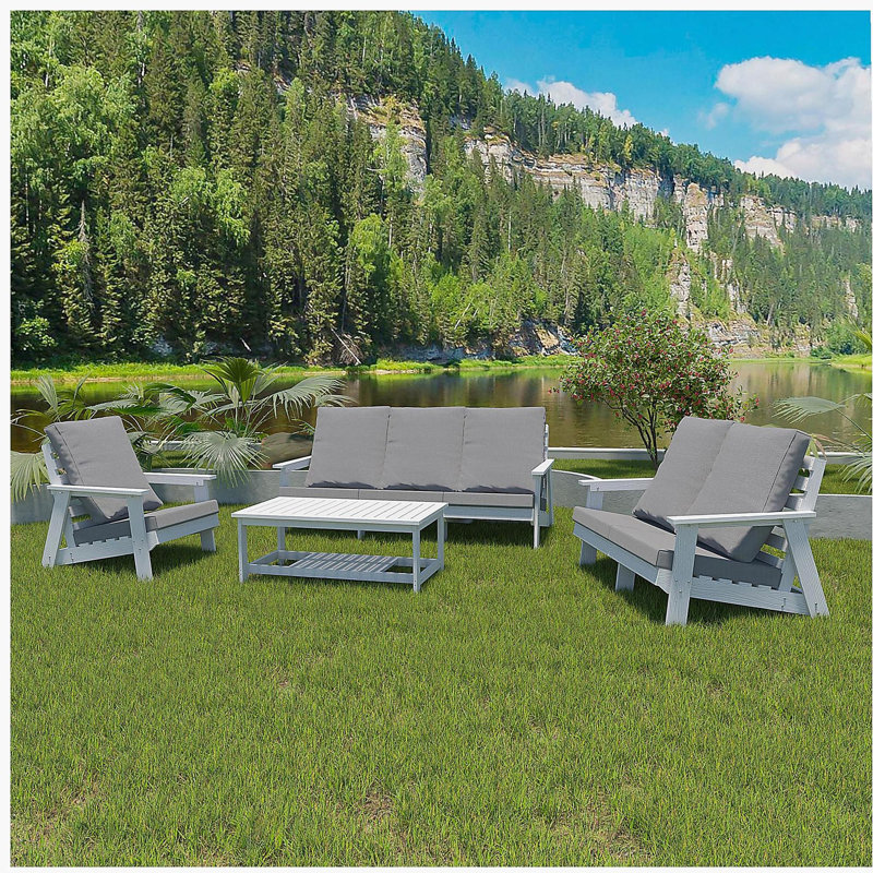 Causeuse avec coussin, canapé de jardin d'extérieur en grain de bois HiPS, blanc / gris