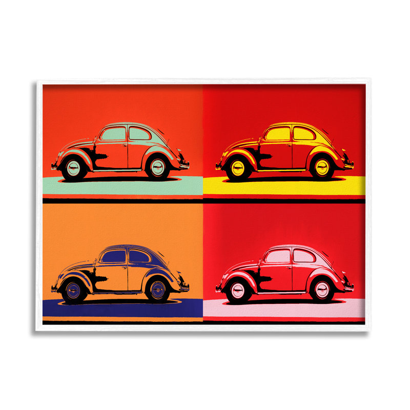 Style pop voiture rétro voiture rouge audacieux, L 30 po x H 30 po, Giclée encadrée blanc bord de mer