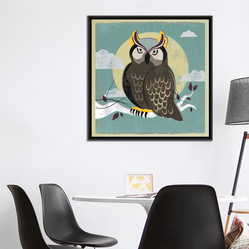 «Perched Owl», reproduction sur toile, H 26 po x l 26 po x P 1,5 po, Toile avec cadre flottant noir, Pas de tapis