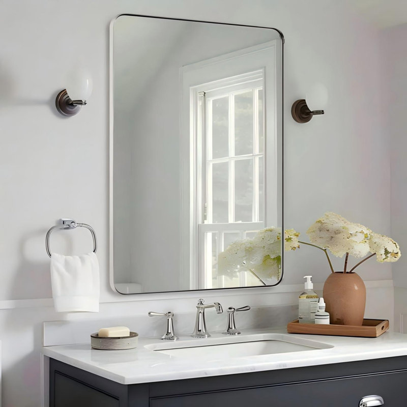 Inse Modern Rounded Rectangle Bathroom Vanity Mirror | Stainless Steel Frame, Polished Chrome, 32" x 24"