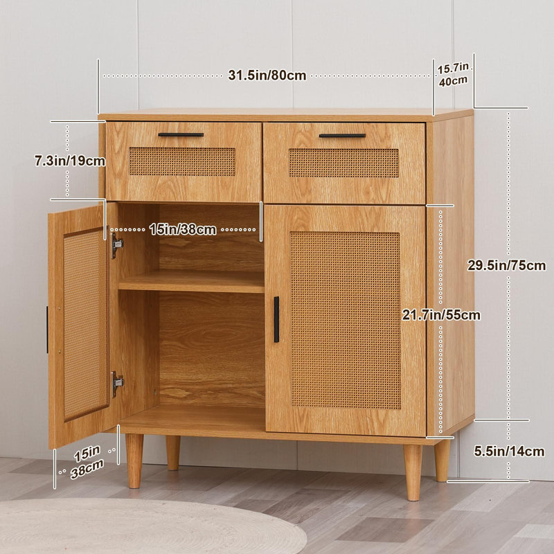 Armoire en rotin, buffet en bois avec rangement, armoire décorative avec 2 portes et 3 tiroirs, armoire à chaussures, armoire de cuisine, 31,5 po x 15,8 po x 34,6 po, naturel