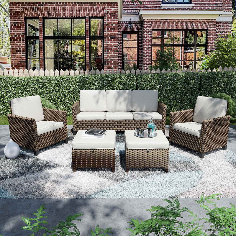 5 Pieces Wicker Outdoor Conversation Set with PE Rattan Sofa, Chairs & Ottomans, Beige