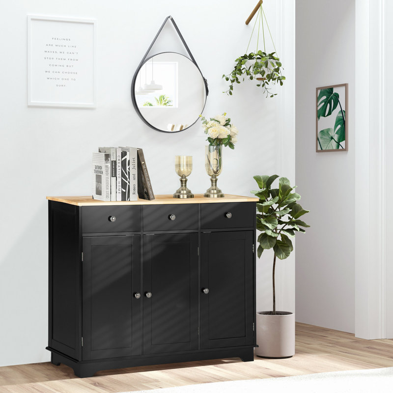 Sideboard With Solid Wood Countertop, Modern Kitchen Storage Cabinet, Coffee Bar Cabinet With 3 Drawers, Doors And Adjustable Shelf