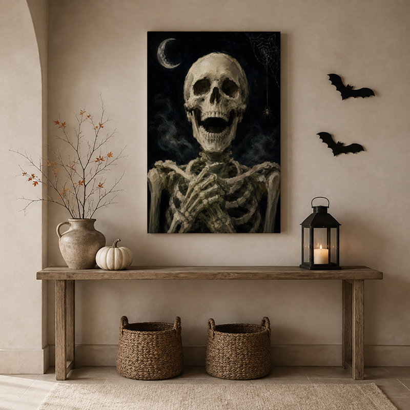 Squelette souriant sous le croissant de lune et art mural d'Halloween, H 36 po x l 24 po