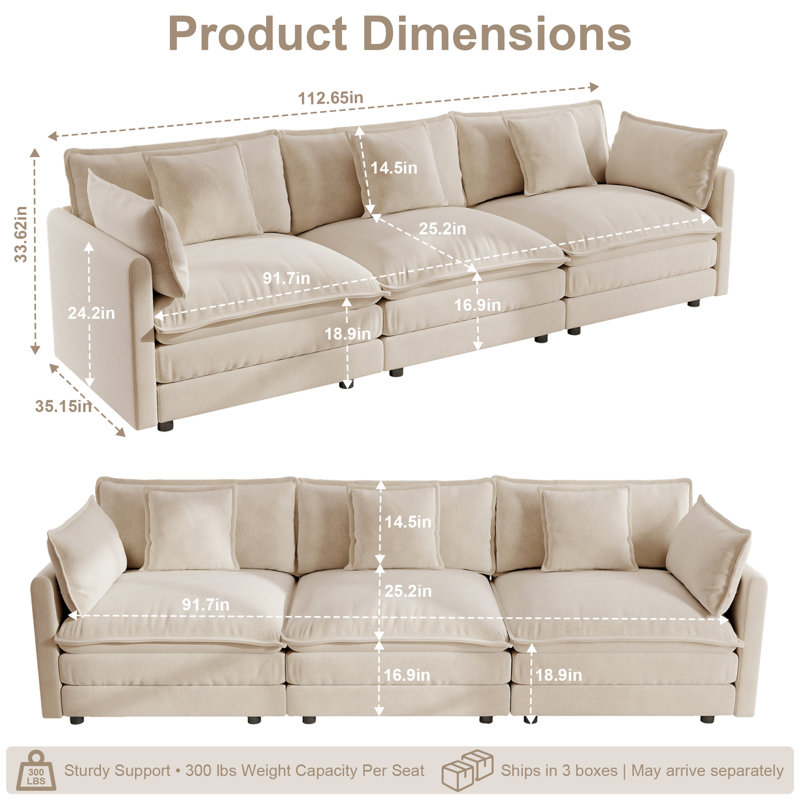 Canapé moderne en chenille 3 places avec 2 accoudoirs et 3 coussins décoratifs, Beige