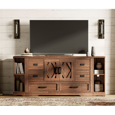 Laziza Farmhouse 3 In 1 TV Stand For Up To 75 Inch TV,Wooden Entertainment Center With 6 Drawers And 2 Barn Doors, Long TV Console Table With Adjustab