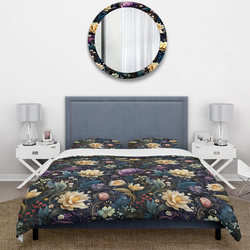 Ensemble de housse de couette floral en émeraude mauve foncé - polyester microfibre