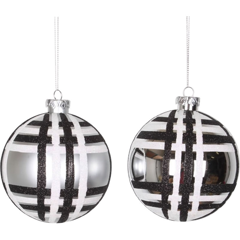 Ornement boule de noël incassable paillettes écossais, Argent / noir / blanc