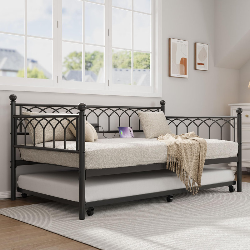 Twin Daybed With Trundle, Day Bed With Charging Station & LED Lights, Black
