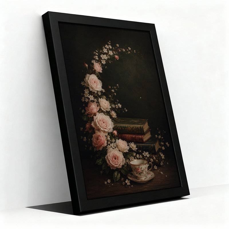 Roses roses et livres rétro avec porcelaine, art d'Halloween sur toile, H 36 po x l 24 po