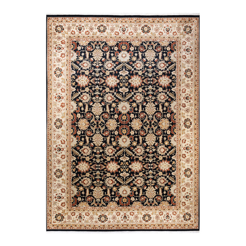 Tapis unique noué à la main Mogul - noir / beige, 9 pi x 12 pi 5 po