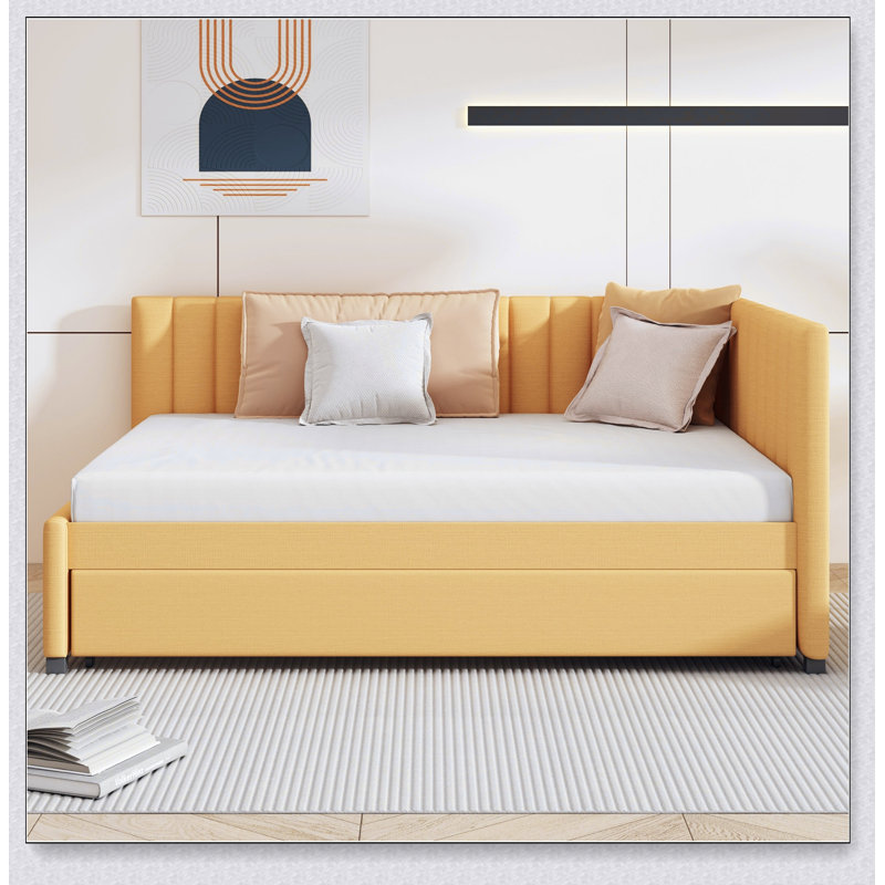 Upholstered Daybed with Trundle – Linen Sofa Bed – No Box Spring, Multi-Functional for Bedroom/Living Room, Yellow