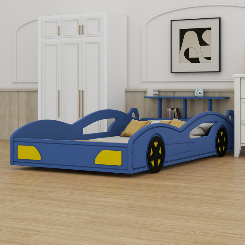 Lit de voiture de course, lit plateforme en forme de voiture avec roulettes, Bleu