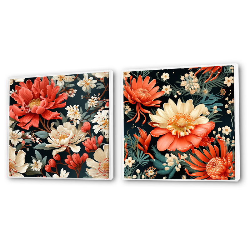 Ensemble de 2 fleurs de dahlia terreuses Hodgdon, Cadre flottant blanc, H 30 po x l 61 po