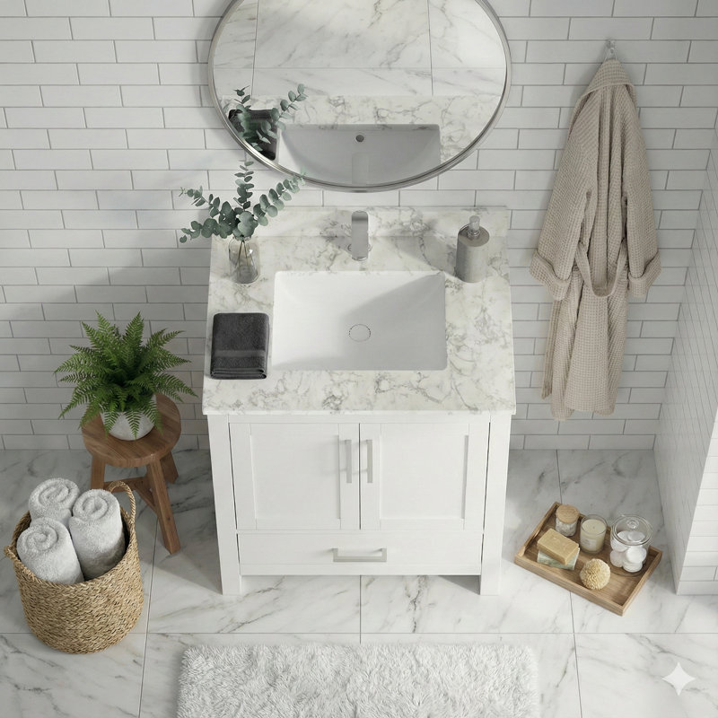 30" Bathroom Vanity Cabinet Set with Granite Top, Solid Wood Cabinet With Single Sink White