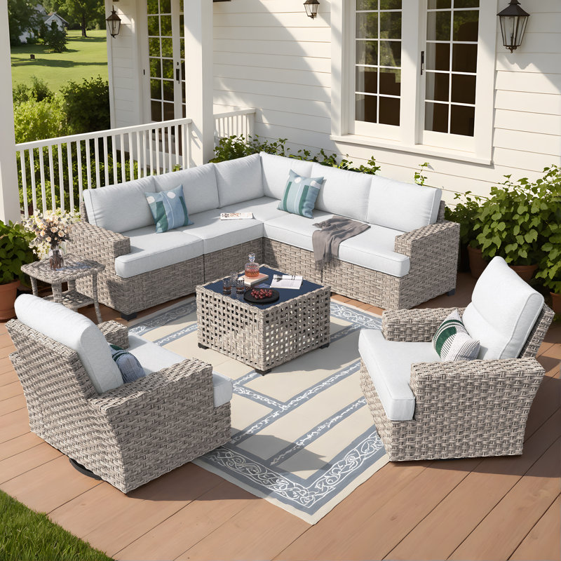 Dzion Outdoor Wicker 7 Person Seating Group With Cushions, Light Gray, No