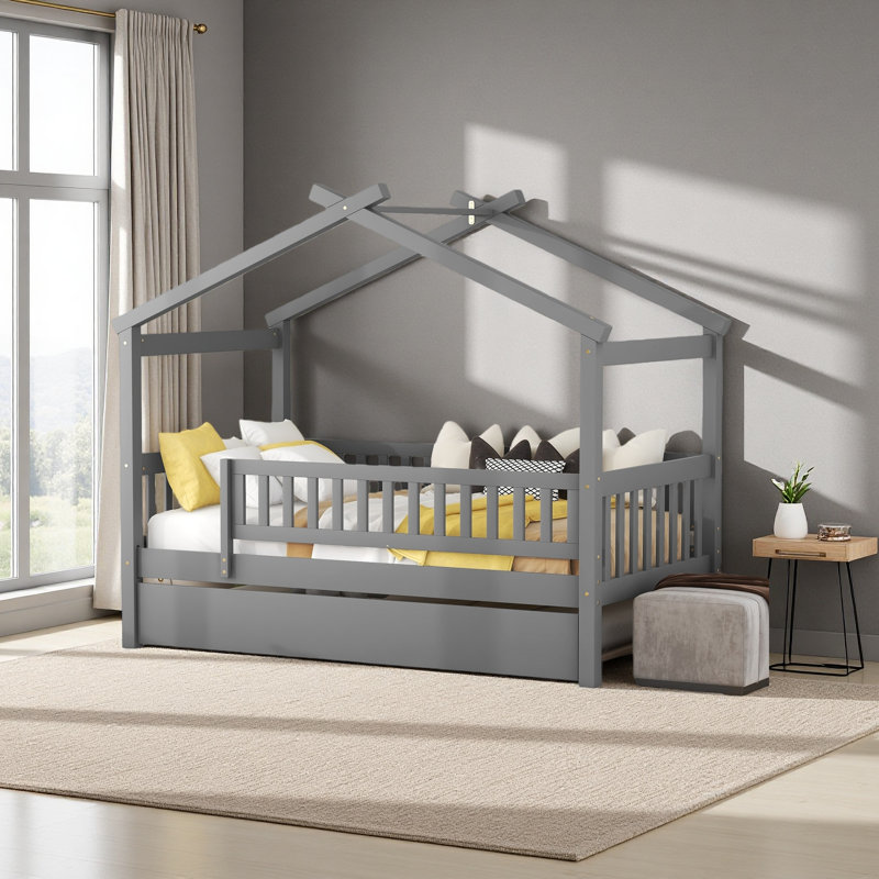 Wooden House Bed With Twin Size Trundle, Gray, Twin