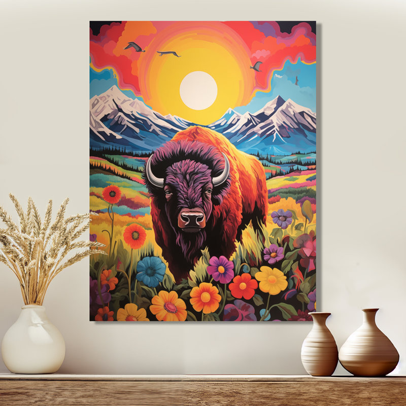 Bison dans un paysage de montagne floral au coucher du soleil I - Buffalo / bison, art mural animal, Cadre simple noir