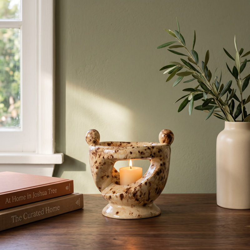 Stoneware Tealight Holder with Hand-in-Hand Figures