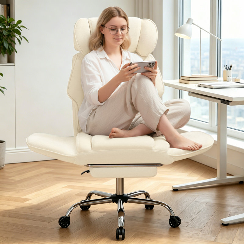 Chaise de bureau en chenille à pieds croisés avec accoudoirs rabattables, chaise de direction grande taille avec coussin lombaire et poches latérales