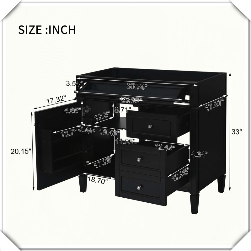 Modern Solid Wood Frame Bathroom Vanity With Storage Drawers, Black