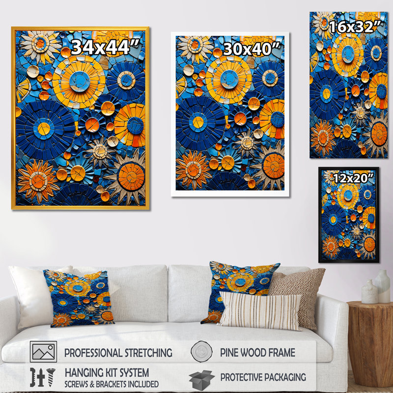 Carreaux de mosaïque jaune et bleu 2 - reproduction d'art sur toile mosaïque bohème, Cadre photo noir simple