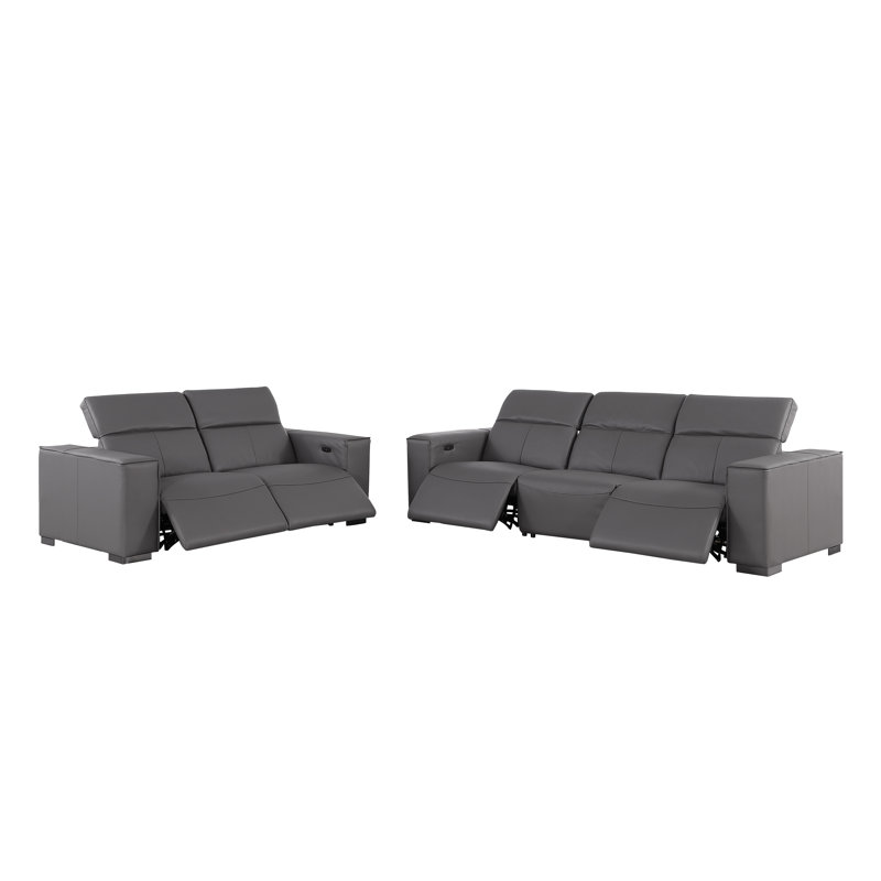 Luxurious Modular Power Reclining Sofa And Loveseat Set – Genuine Leather With Power Headrests, Dark Gray
