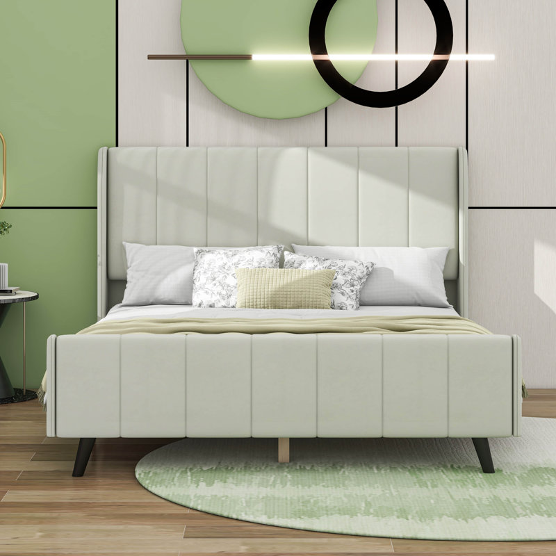 Upholstered Platform Bed, Beige, Queen