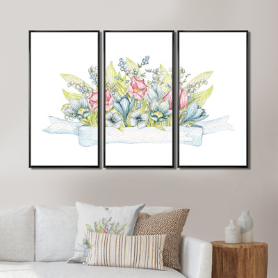 Bouquet de fleurs printanières colorées - ensemble de 3 peintures sur cadre flottant