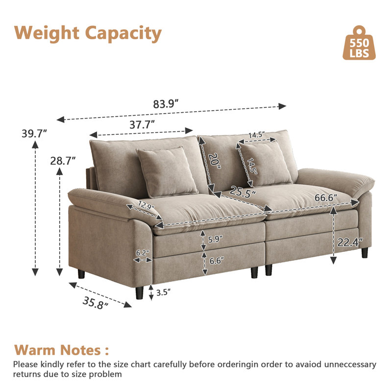 83.9-Inch Modular Sectional In Chenille Fabric, Camel