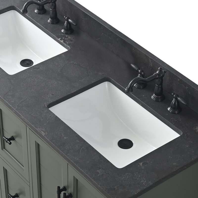 Ensemble de meuble-lavabo autoportant à double cuve 54 po avec plateau en pierre noire Vannes, Vert rétro