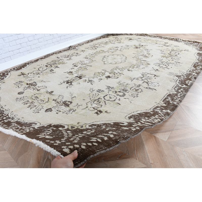 Grand tapis turc beige Oushak pour la salle à manger - Tapis en laine noué à la main de style rétro avec des motifs traditionnels élégants et des tons naturels chaleureux