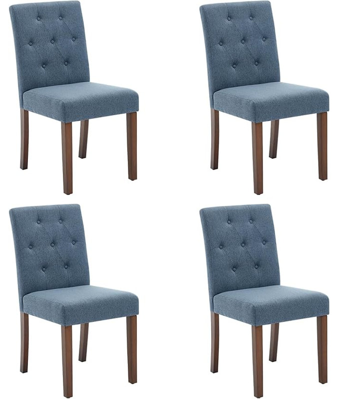 4 PCS Button Tufted Parsons Dining Side Chairs with Linen Upholstered, Thick Padded Seat & Rubberwood Legs for Dining Room Kitchen Living Room Office, Blue