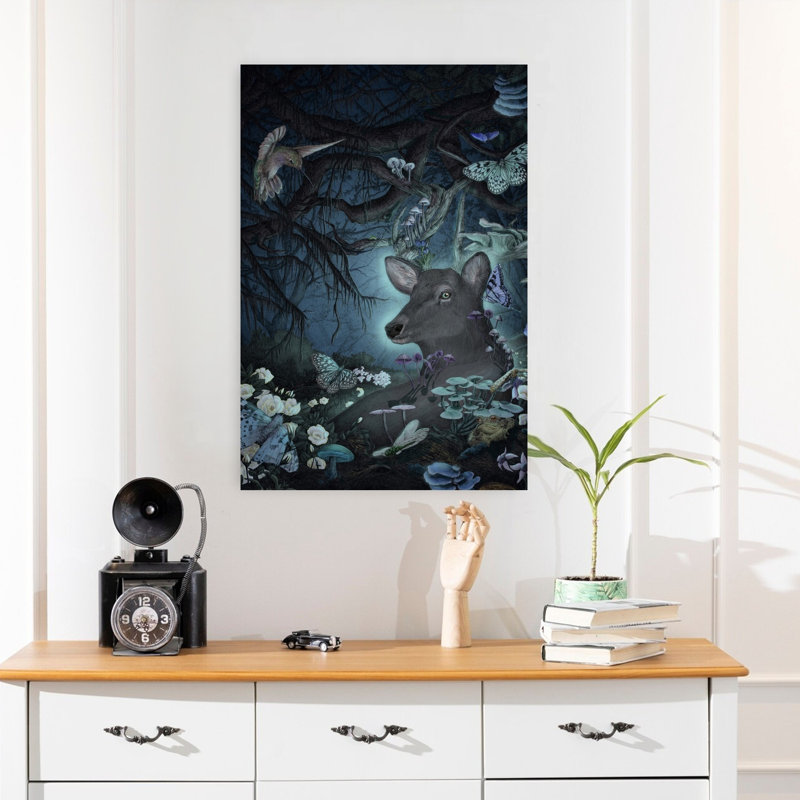 Enchanted Forest Scene Mystical Surreal Abstract Butterfly Deer Moth Forest Nature Wall Art by EC Mazur - Wrapped Canvas Print