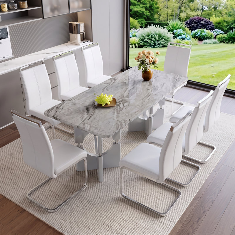 Chaises de salle à manger cantilever modernes Amari en similicuir avec base chromée (ensemble de 8), Blanc, 8, Argent