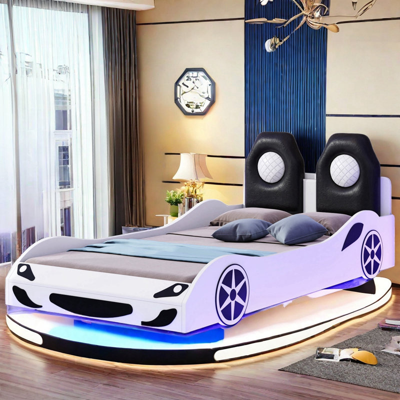 Race Car-shaped Platform Bed With Led And Upholstered Backrest